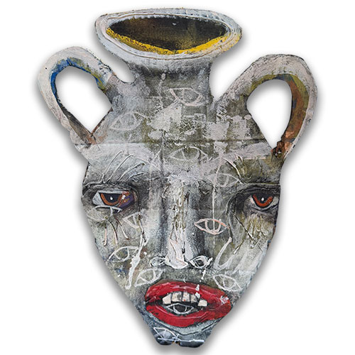 Michael Banks Contemporary Folk Art Mixed Media Faxce Jug 14x20 "I've Seen Things" WP5837